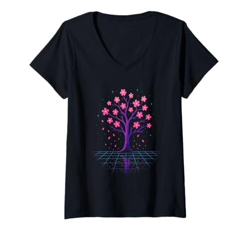 Damen Vaporwave Sakura-Baumreflexion T-Shirt mit V-Ausschnitt Damen Vaporwave Sakura-Baumreflexion T-Shirt mit V-Ausschnitt von vaporwave sakura tree synthwave cherry blossom