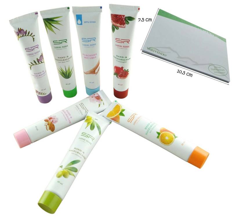 varivendo Handcreme varivendo Notizblock + Probierset Hand-, Nagel- und Fußbalsam Tube, 7-tlg., Handbalsam Handcreme Nagelpflege Hautpflege Creme Balsam Salbe von varivendo