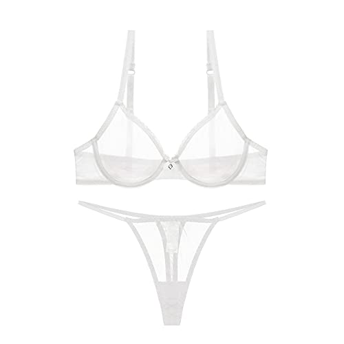 Damen durchsichtiger Netz-BH und Tanga Set transparente sexy Unterwäsche, weiß1, 90C von varsmiss