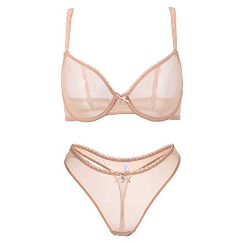 varsmiss Damen BH Set BH Und String Transparent Netz Bügel BH Unterwäsche Lingerie Tanga Dessous Sets (Beige,75D) von varsmiss
