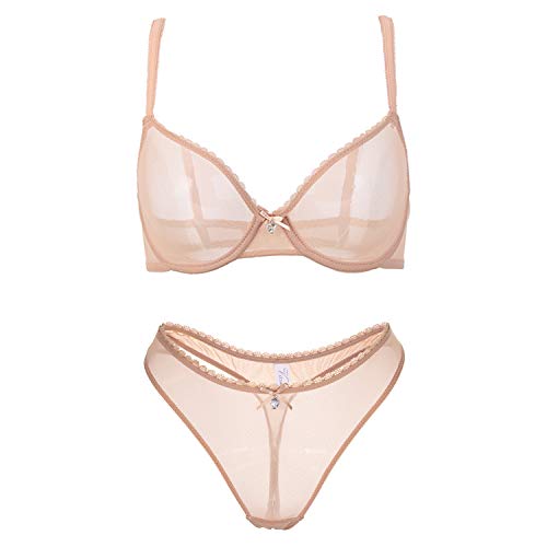 varsmiss Damen BH Set BH Und String Transparent Netz Bügel BH Unterwäsche Lingerie Tanga Dessous Sets (Beige,85D) von varsmiss