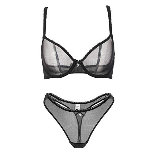 varsmiss Damen BH Set BH Und String Transparent Netz Bügel BH Unterwäsche Lingerie Tanga Dessous Sets (Schwarz,70B) von varsmiss