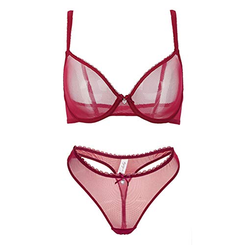 varsmiss Damen BH Set BH Und String Transparent Netz Bügel BH Unterwäsche Lingerie Tanga Dessous Sets (Weinrot,75B) von varsmiss