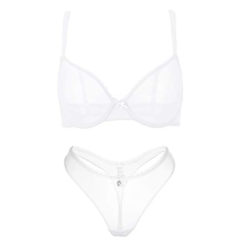 varsmiss Damen BH Set BH Und String Transparent Netz Bügel BH Unterwäsche Lingerie Tanga Dessous Sets (Weiß,85C) von varsmiss