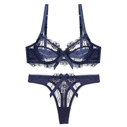 varsmiss Damen BH Set Spitze Stickereien Büstenhalter Und Tanga Unterwäsche Sexy (Blau,85B) von varsmiss