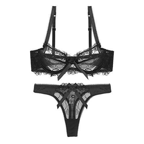 varsmiss Damen BH Set Spitze Stickereien Büstenhalter Und Tanga Unterwäsche Sexy (Schwarz,85C) von varsmiss