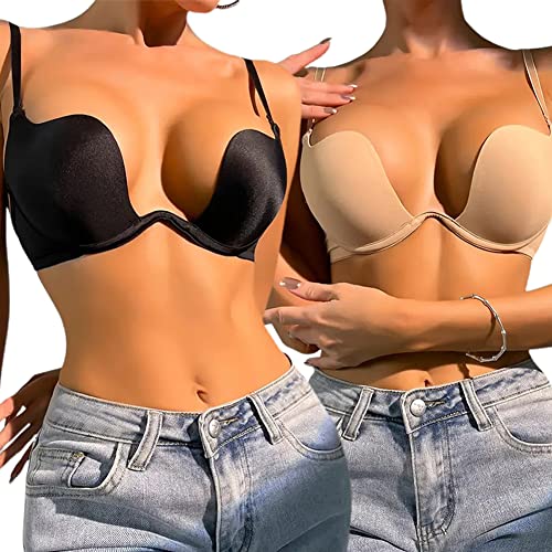 varsmiss Damen Deep Plunge Multi-Way Convertible BH Bügel Gepolsterter Push Up BH mit Klarem Träger, Schwarz-Beige, 80D von varsmiss