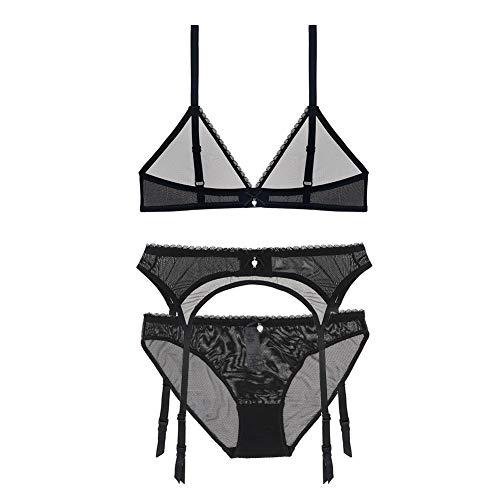 varsmiss Damen Sexy Unterwäsche Durchsichtiger Draht Free Bikini BH Höschen Strumpfband 3St (Black,L) von varsmiss