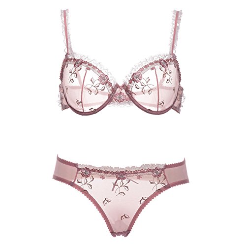 varsmiss Damen Spitze Ungefüttert Dünn Transparente Bügel BH und Panty Set (Rosa,75C) von varsmiss