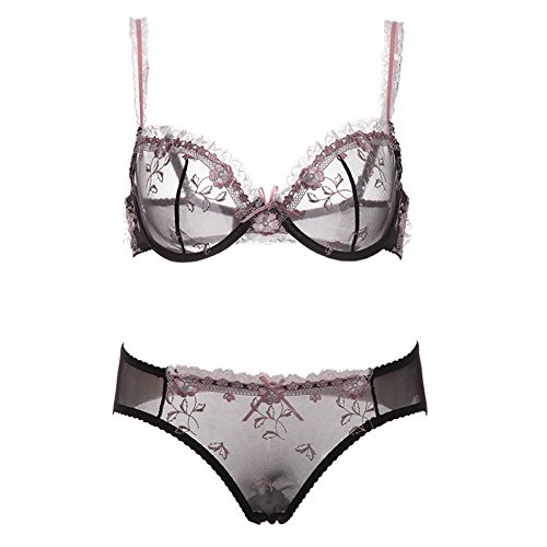 varsmiss Damen Spitze Ungefüttert Dünn Transparente Bügel BH und Panty Set (Schwarz,80A) von varsmiss