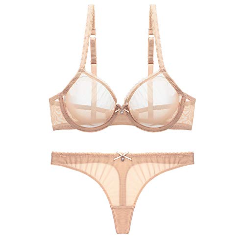 varsmiss Damen Transparente Mesh BH und String Set Transparent Sexy Unterwäsche - Beige - 75B von varsmiss