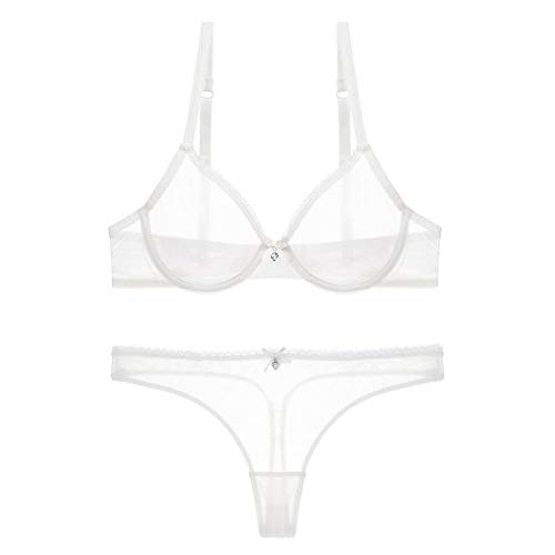 varsmiss Damen Transparente Mesh BH und String Set Transparent Sexy Unterwäsche - Weiß - 85C von varsmiss