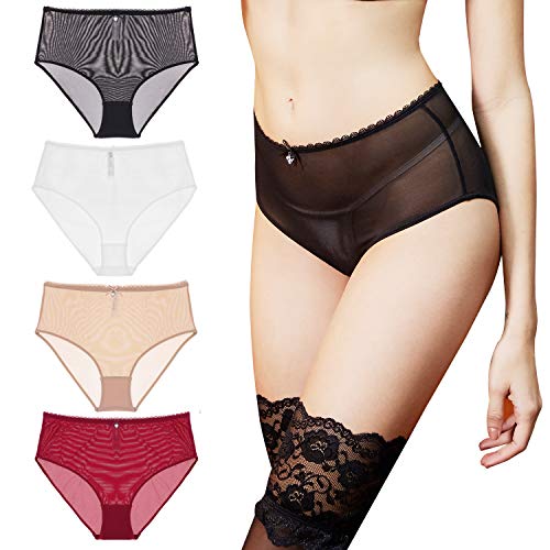 varsmiss Damen Unterhosen 4er Pack Gittergewebe Hohe Taille Unterwäsche Sexy (Schwarz + Weiß + Beige + Weinrot,L) von varsmiss