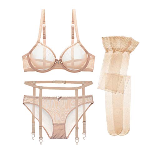 varsmiss Women Durchsichtiger BH und gestrickter String Set aus transparenter Reizwäsche (Beige,85C) von varsmiss