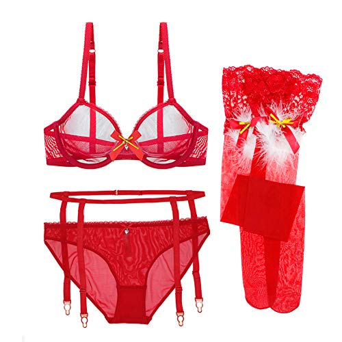 varsmiss Women Durchsichtiger BH und gestrickter String Set aus transparenter Reizwäsche (Rot,75B) von varsmiss