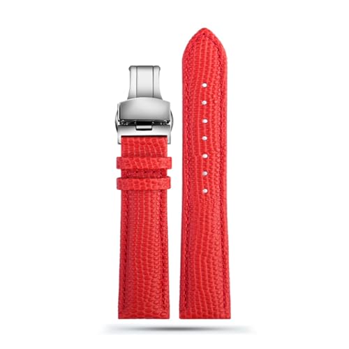 vazzic YingYou 16mm 18mm 20mm 22mm Schwarz Braun Rot Grade Eidechse Muster Männer Und Frauen Echtes Leder Uhrenarmband (Color : Red silver buckle, Size : 14mm) von vazzic