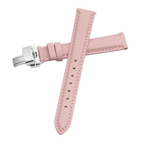vazzic YingYou Uhrenarmband Damen Echtes Leder Schmetterlingsverschluss Einfach No Grain Uhrenarmband Weiß 12 13 14 15 16 17mm (Color : Pink-Silver-B1, Size : 13mm) von vazzic