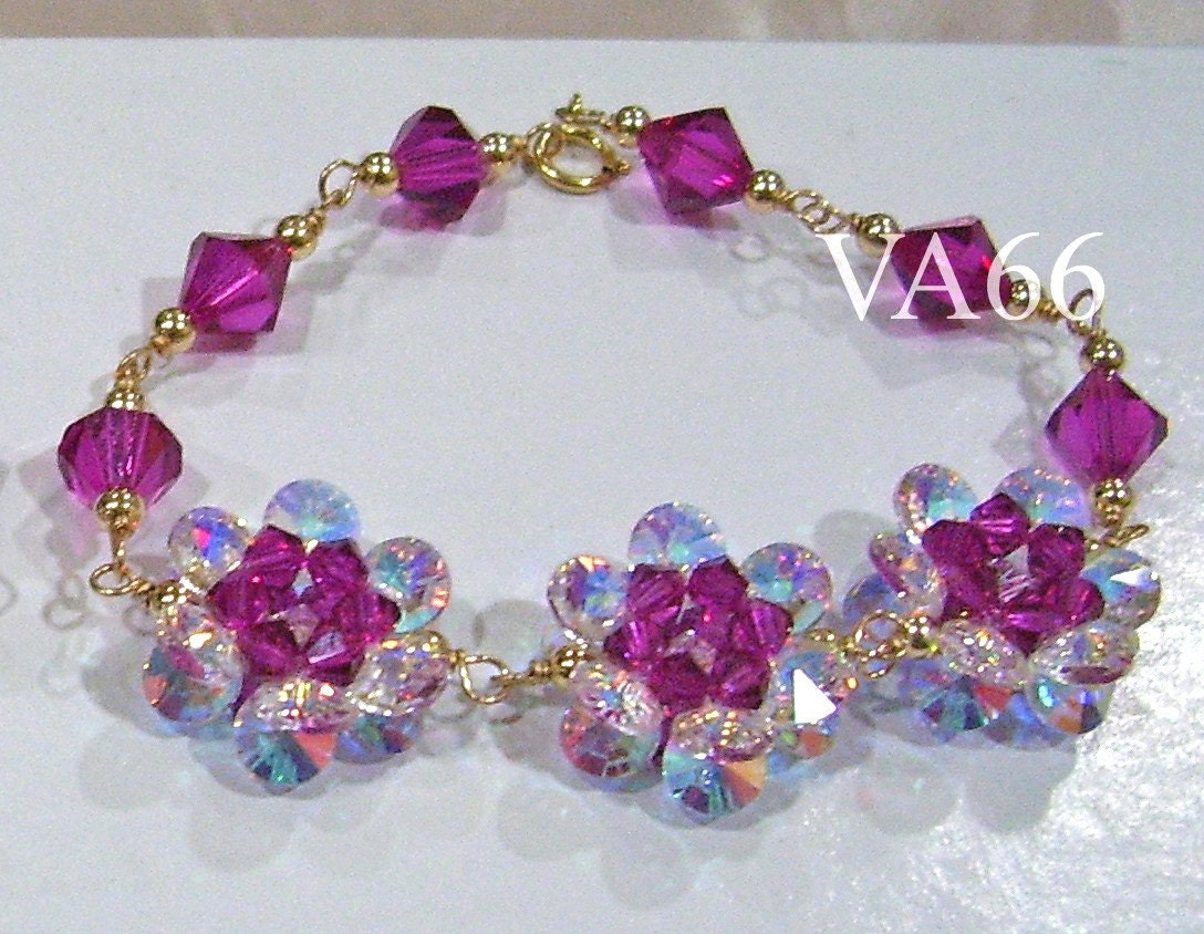 Armband 14K Gold Swarovski-Kristall-Blumen-Motiv 24 Farbauswahl Wire Wrapped Braut Brautjungfern Mob von vcreations