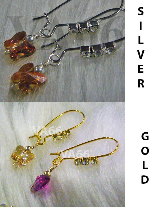 Gold Silber Austauschbare 2 Paar Swarovski Ohrringe Kidney Ohrring Haken N Strass Schmetterling Farben Braut Brautjungfern Kind Mob von vcreations