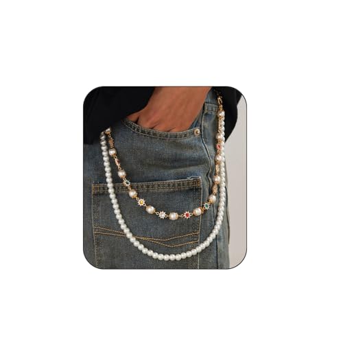 Hip-Hop, doppellagige Perlen-Blumen-Hosenkette für Herren und Damen, Geldbörsenkette, geschichtete Taschenketten, exquisite Zirkonia-Taillenkette für Herren, Straßen-Jeans, Schmuck-Zubehör, one size Hip-Hop, doppellagige Perlen-Blumen-Hosenkette für Herren und Damen, Geldbörsenkette, geschichtete Taschenketten, exquisite Zirkonia-Taillenkette für Herren, Straßen-Jeans, Schmuck-Zubehör, one size von vdwv