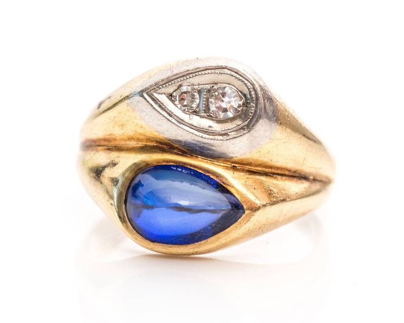 1950Er Jahre Ost-West-Diamond & Simulierten Saphir 10K Gelb Gold, Platin Ring, Vj #1095 von vedajewels