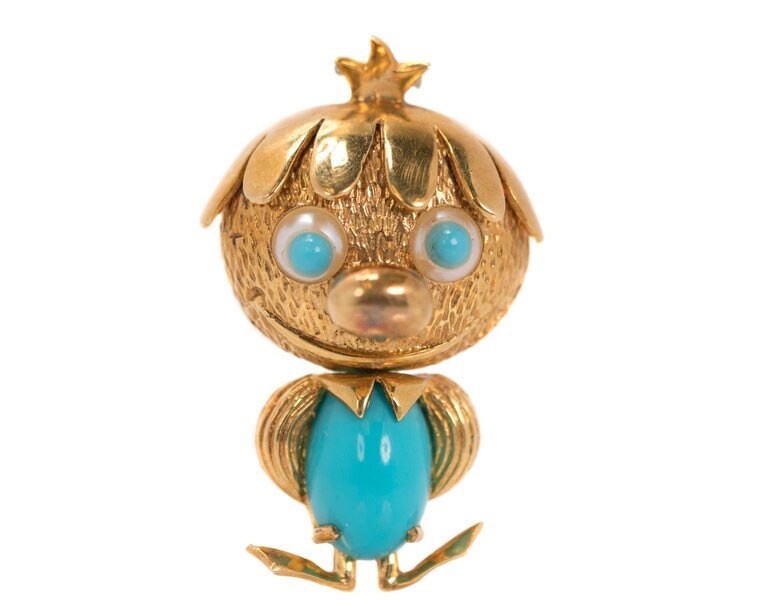 Ca. 1950Er Jahre Türkis Perle, 18 Karat Gelbgold Gold Brosche, Vj #444A von vedajewels