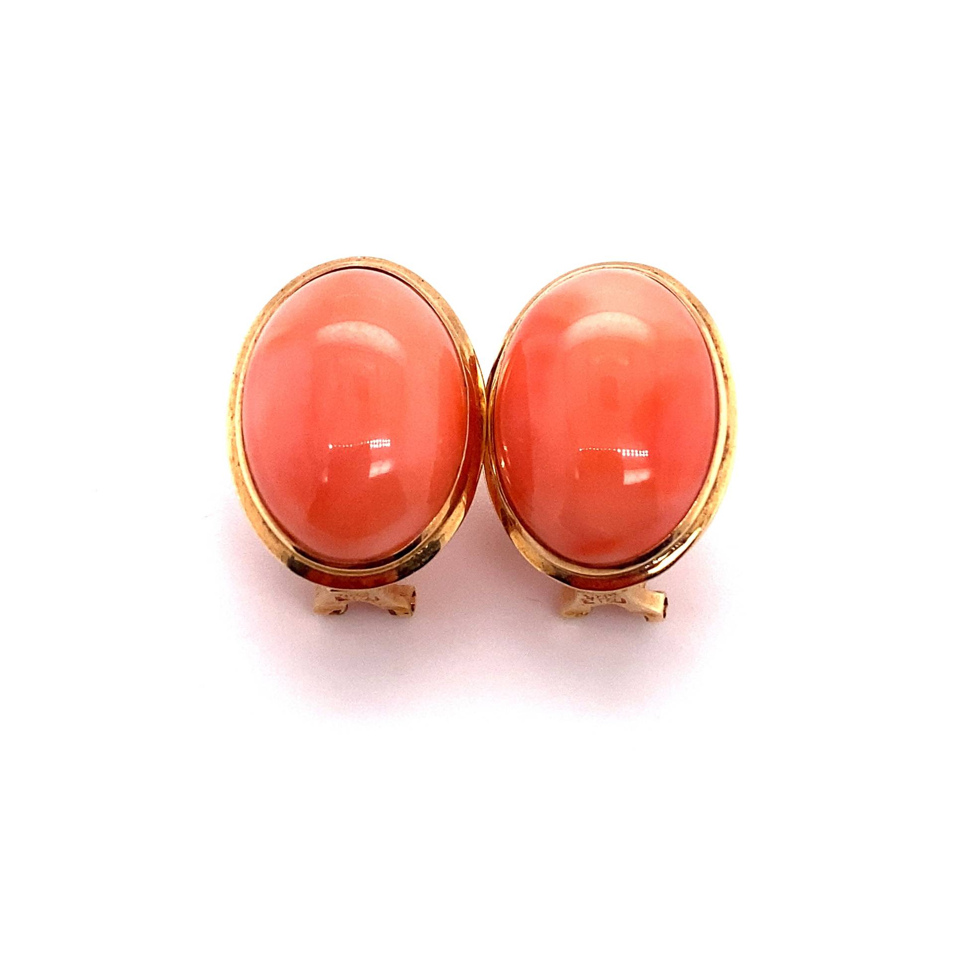 Circa 1920Er Oval Orange Koralle Knopf Ohrringe in 14K Gold, Fd#228A von vedajewels