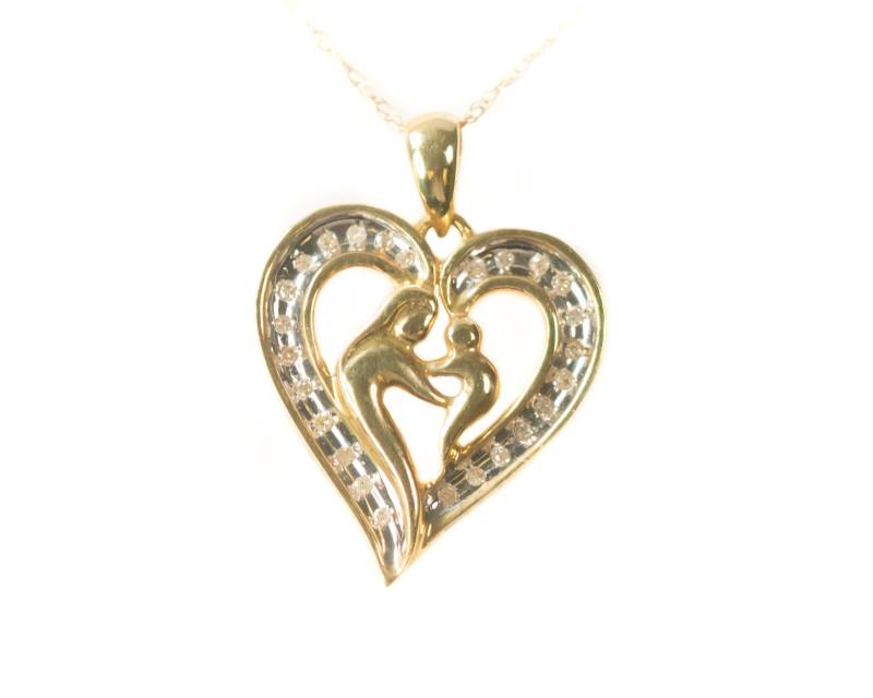 Circa 1980Er Jahre 10K Gelb Gold & Diamant-Herz-Mutter Und Kind Halskette, Vj #286B von vedajewels