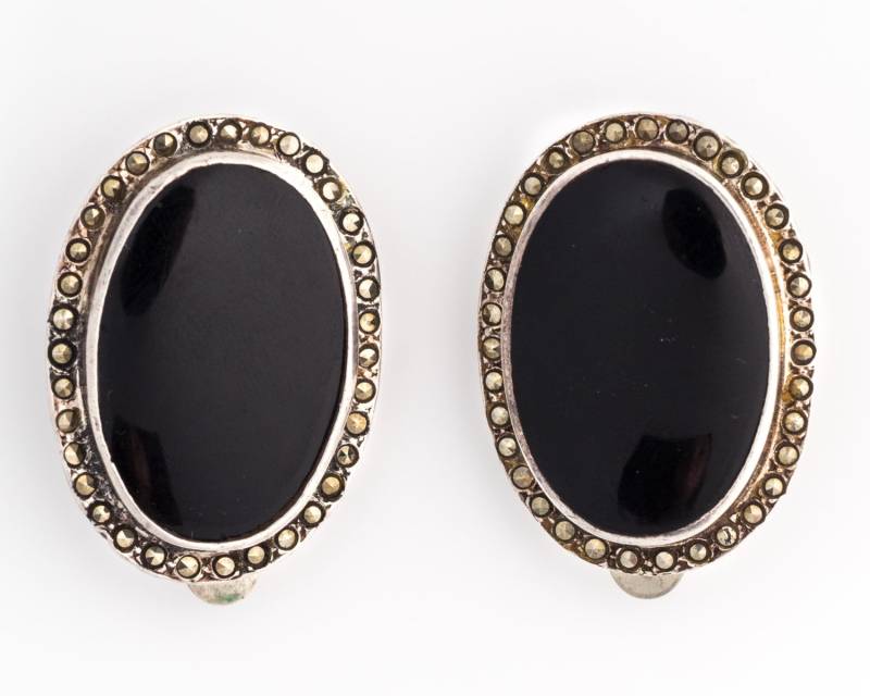 Onyx & Markasit Vintage-Clip Zurück Sterling Silberohrringe, Vj #152 von vedajewels