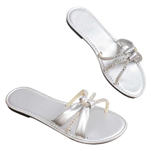 Damen Flat Sandal Klassische Und Bequeme Classic Slide Flache Sandale Mit Strass Perlen FrüHlings & Sommersandalen Modische Flache Slip-On-Sandalen Peep Toe Hausschuhe RöMersandalen von vejtmcc