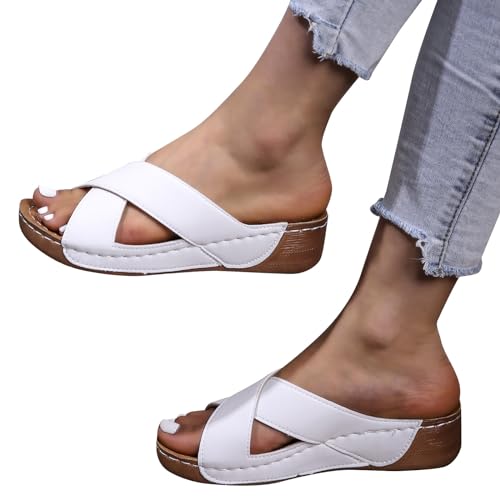 Damen Pantoletten Clogs Hausschuhe Hausschuhe Cross Straps Slide Slip On Flip Flops FüR Damen Leder FußBett Strandschuhe, Cross-Tied Sommersandalen, Klassisch Flach Sandalen Weiß von vejtmcc