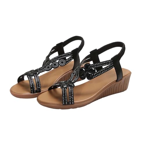 Damen Sommer Sandalen Bequeme T-Strap Perlen Blume Glitzer Strass Flache Elastische Sandalen, Kleid Schuhe FüR Outdoor Peep Toe Elegant Wedges, Schuhe Strand Sommerschuhe Schwarz von vejtmcc