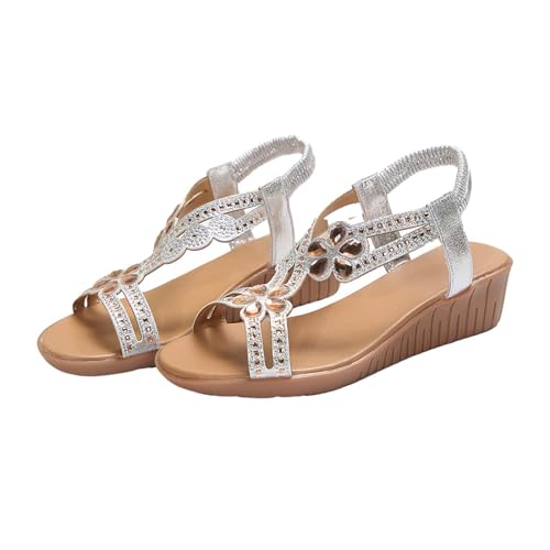 Damen Sommer Sandalen Bequeme T-Strap Perlen Blume Glitzer Strass Flache Elastische Sandalen, Kleid Schuhe FüR Outdoor Peep Toe Elegant Wedges, Schuhe Strand Sommerschuhe Schwarz von vejtmcc