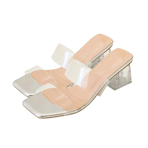 Damen Transparente Offene Sandalen High Heels KnöChelriemchen Sandaletten Peep Toe Sommersandalen Mit Blockabsatz Sandale Im Mule-Stil Mit Zwei Riemen, Mode Riemchensandalen von vejtmcc