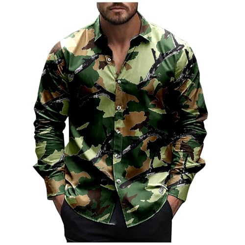 Herren Retro Hemd Bedruckte Langarmhemden Lässige Button Down Reverskragen Bluse Funky Hawaii Strand Top Bügelleicht, Hawaiihemd Herren Print Sommerhemd Oversize Shirt Freizeithemd von vejtmcc