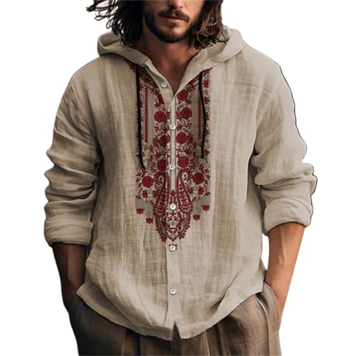 Leinenhemd Herren Baumwolle Leinen Hoodie Knopfleiste Langarm Hemd Mit Kapuze, Modische Langarmshirt Schlank Sommer Shirt Einfarbig Hoody Oberteile, Leichte Sommerhemd Freizeithemden von vejtmcc