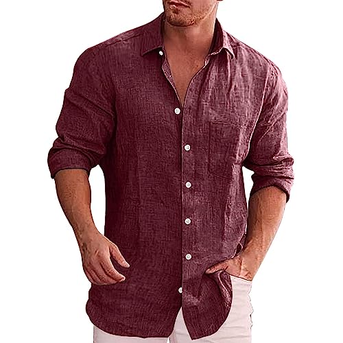 Leinenhemd Herren Langarm Leinen Einfarbig Sommer Freizeithemden Mit Brusttasche, Businesshemd Musselin Shirt Strand Oberteile, Stehkragen Hemd Langarm Regular Fit Oversize Shirt von vejtmcc
