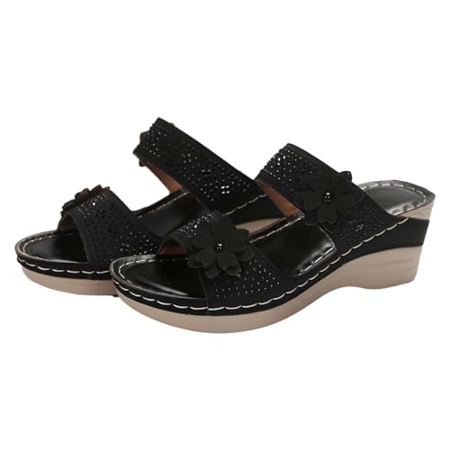 Pantoletten Damen Leder Hausschuhe Flache Sandalen, Frauen Sommer Open Toe Keilabsatz Pantoletten Mit Blumendruck, Freizeit Plateau Keilabsatz Ultraleichte FußBett Massage Slip On Sandalen von vejtmcc