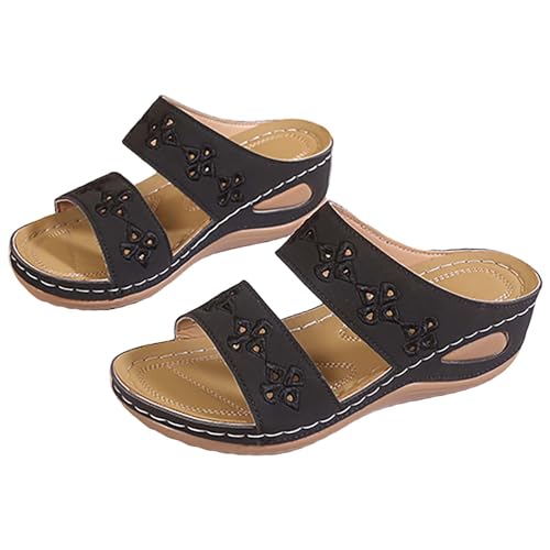 vejtmcc Damen Pantoletten Freizeit Plateau Sandalen Sommer Keilabsatz Leder Hausschuhe Rutschfeste Strand Bequeme Sandaletten, Frauen Vintage Sommerschuhe, Bequeme RöMersandalen Walking Sandalen von vejtmcc