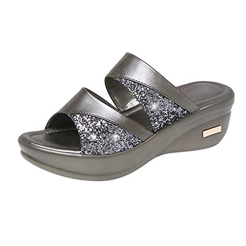 vejtmcc Damen Sandalen Mit Absatz BöHmen Strass Perlen Keilsandalen Slip On Slippers Retro Plateau Sandaletten High Heels Pantoletten - Elegant RöMersandalen, Sommer Strandschuhe, Hausschuhe von vejtmcc