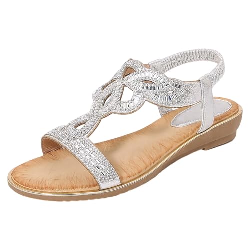 vejtmcc Damen Sandalen Sommer Flach Sandals, Frauen Bohemia Strass Sandals Leder Elastischen Strand Sommerschuhe Zehentrenner OrthopäDische Sandalen - Pantoletten Hausschuhe Plateau Sandaletten von vejtmcc