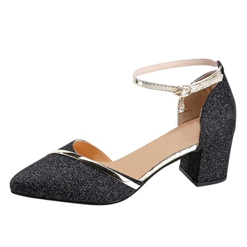 vejtmcc Damen Schuhe Spitz Zehen KnöChelriemen Chunky Heels Pumps Riemchenpumps | Spangenpumps Sandale Mit Kreuz | KnöChelriemen Blockabsatz Geschlossener Spitze Glitzer Pumps - Perfekt FüR Partys von vejtmcc