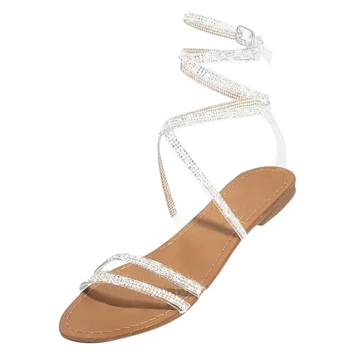 vejtmcc Damen Sommer Sandalen Mit Strass Perlen Bohemia Strand Schuhe Freizeit Flach Sandalette - Casual Riemchensandalen Komfort Einstellbare Outdoor Sandalen Bequeme Plateau Schuhe von vejtmcc