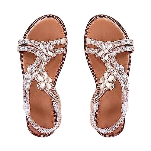 vejtmcc Flache Sandalen Damen Sommer Freizeit Zehentrenner Mit Weiche Sandalen Mit Strass Perlen Bohemia Strand Schuhe Flach Sandalette Schuhe, Atmungsaktiv & Bequeme, RöMersandalen Mode Zehentrenner von vejtmcc