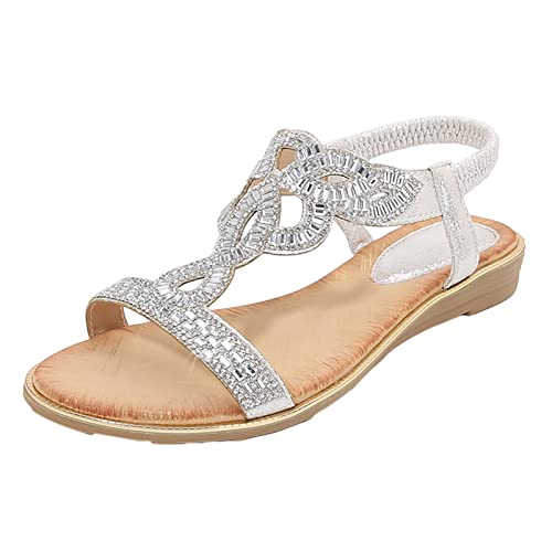 vejtmcc Flache Sandalen Damen Strass Boho T-Riemen Frauen Sandalen Weichen Sohlen Sommerschuhe | Elegant Plateau Sandaletten Gummiband Slingback Zehentrenner Sandalen | Strandschuhe Weiß von vejtmcc