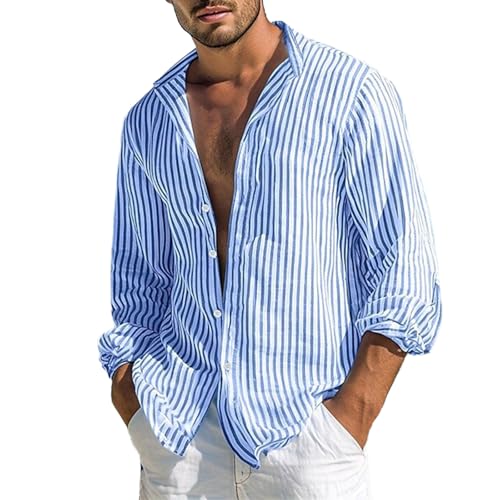 vejtmcc Herren Hemd Langarm Sommer Gestreifte Freizeithemden, Casual Mit Knöpfen Regular Fit Herrenhemd Männerhemd, Button-Down-Kragen Oberhemden Bequeme Stehkragenhemd Strand Hawaii Hemden von vejtmcc