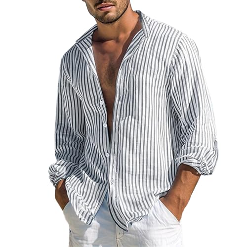 vejtmcc Herren Hemd Langarm Sommer Gestreifte Freizeithemden, Casual Mit Knöpfen Regular Fit Herrenhemd Männerhemd, Button-Down-Kragen Oberhemden Bequeme Stehkragenhemd Strand Hawaii Hemden von vejtmcc