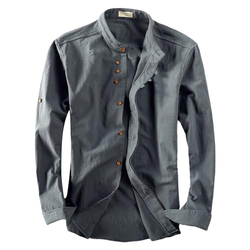 vejtmcc Japanisches Stil Hemd Für Männer Einfarbig Leinen Baumwolle Hemd Freizeithemden, Herren Lässige Atmungsaktive Klassische Tops, Stehkragen Slim Fit Zweireihiges Hemd Regular Fit Oberteile von vejtmcc