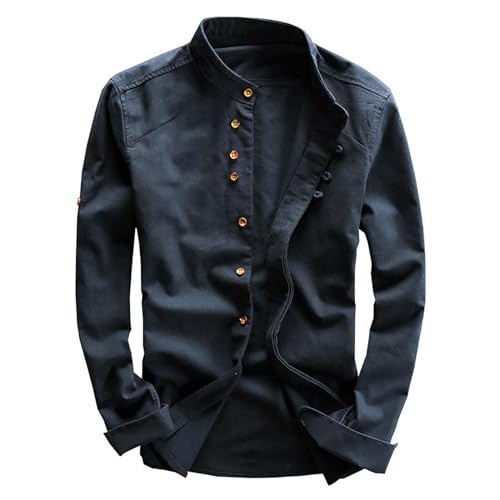 vejtmcc Japanisches Stil Hemd Für Männer Einfarbig Leinen Baumwolle Hemd Freizeithemden, Herren Lässige Atmungsaktive Klassische Tops, Stehkragen Slim Fit Zweireihiges Hemd Regular Fit Oberteile von vejtmcc