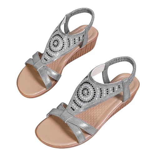 vejtmcc Keilsandalen FüR Frauen Elegante Sommer Strass Glitzer Offene Zehenpartie LäSsige KeilabsäTze Sandale | Bequem Niedlich Strandschuhe | Strass-Bling | Flache KnöChelriemchen von vejtmcc